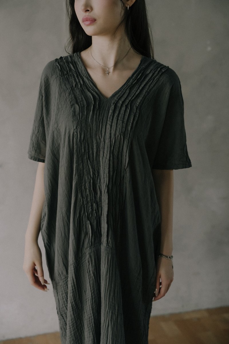 V-neck gauze cotton dress-grey - One Piece Dresses - Cotton & Hemp 