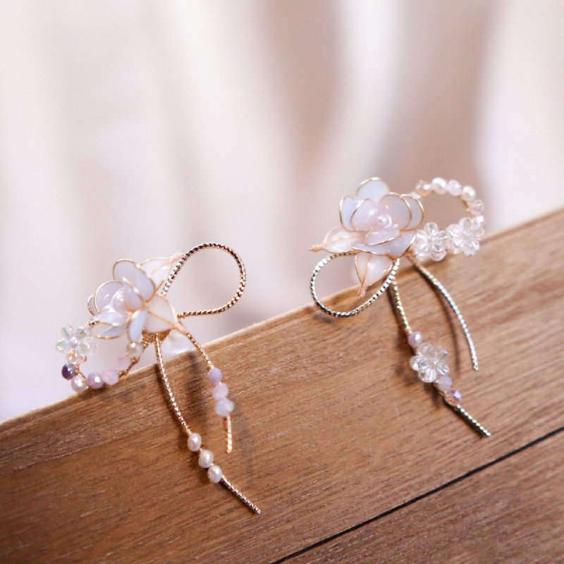 Lavender Purple Forest Series - Bow Earrings Handmade Crystal Flower Resin Jewelry - ต่างหู - เรซิน สึชมพู