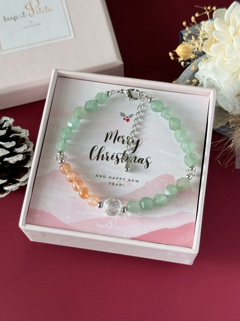 Christmas gift | White crystal faceted green aventurine gold strawberry crystal bracelet gift box - Bracelets - Crystal Green