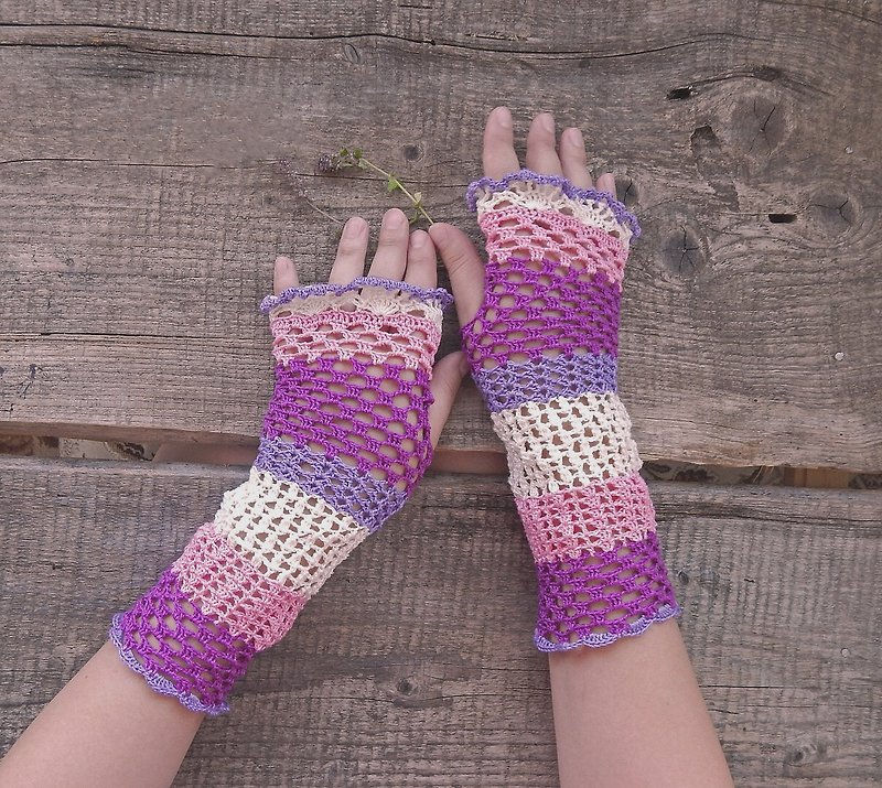 コテージコアかぎ針編みの指なしコットングローブニットフィンガールズバイオレットレースグローブ - 手袋 - コットン・麻 パープル