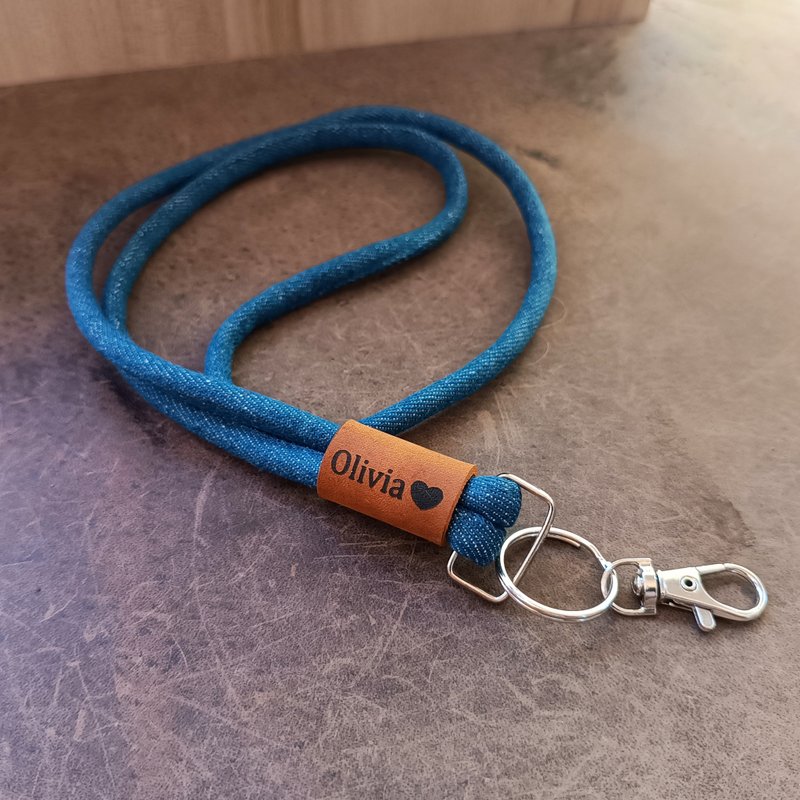 Personalized Handmade Blue Denim Leather Neck Lanyard for Keys, ID/Badge/Phone - 手機掛繩/背帶 - 真皮 藍色