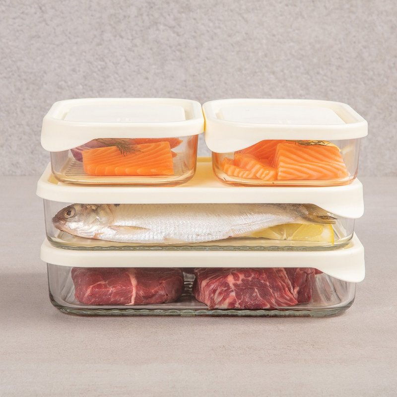 Glasslock Refrigerator Storage Tempered Glass Microwave Fresh Box Set of 4 (Off-White) - เครื่องครัว - แก้ว สีใส