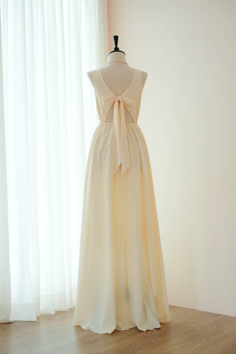 Butter yellow bridesmaid maxi dress bow back evening cocktail prom dress - 晚裝/晚禮服  - 聚酯纖維 黃色