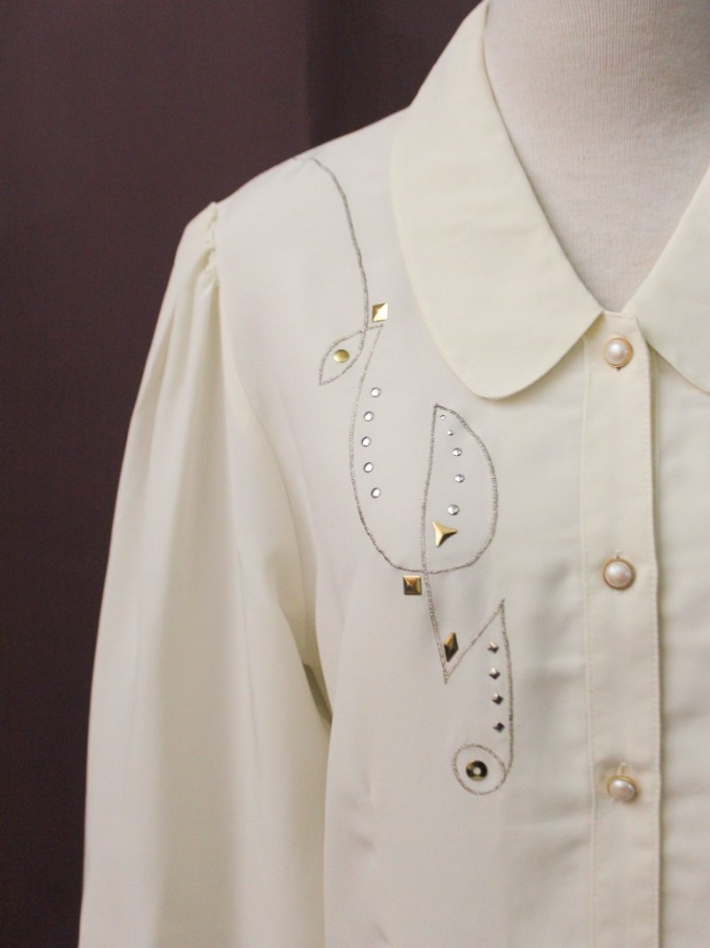 Vintage Japanese Elegant Geometric Line Embroidery Beige Long Sleeve Vintage Shirt Vintage Blouse - Women's Shirts - Polyester Yellow