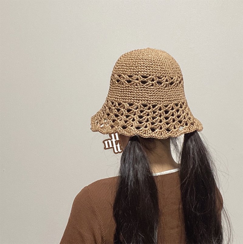 Rattan resort summer hat straw hat garden party summer punching bucket hat - 帽子 - 聚酯纖維 咖啡色