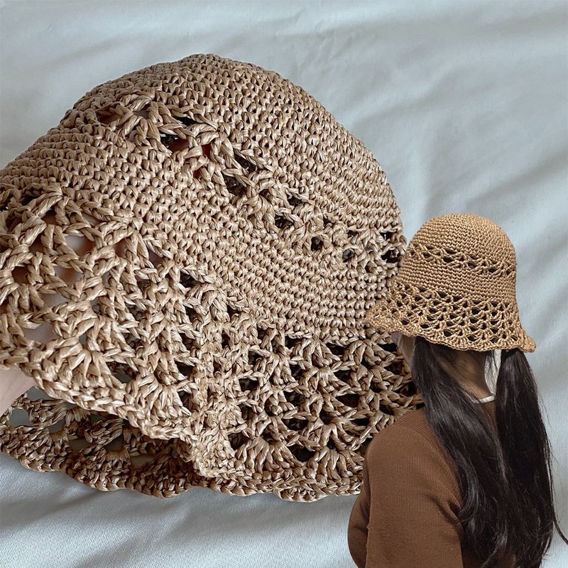 Rattan resort summer hat straw hat garden party summer punching bucket hat - 帽子 - 聚酯纖維 咖啡色