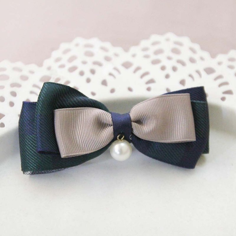 French clip with classic blue check bow - Hair Accessories - Cotton & Hemp Khaki