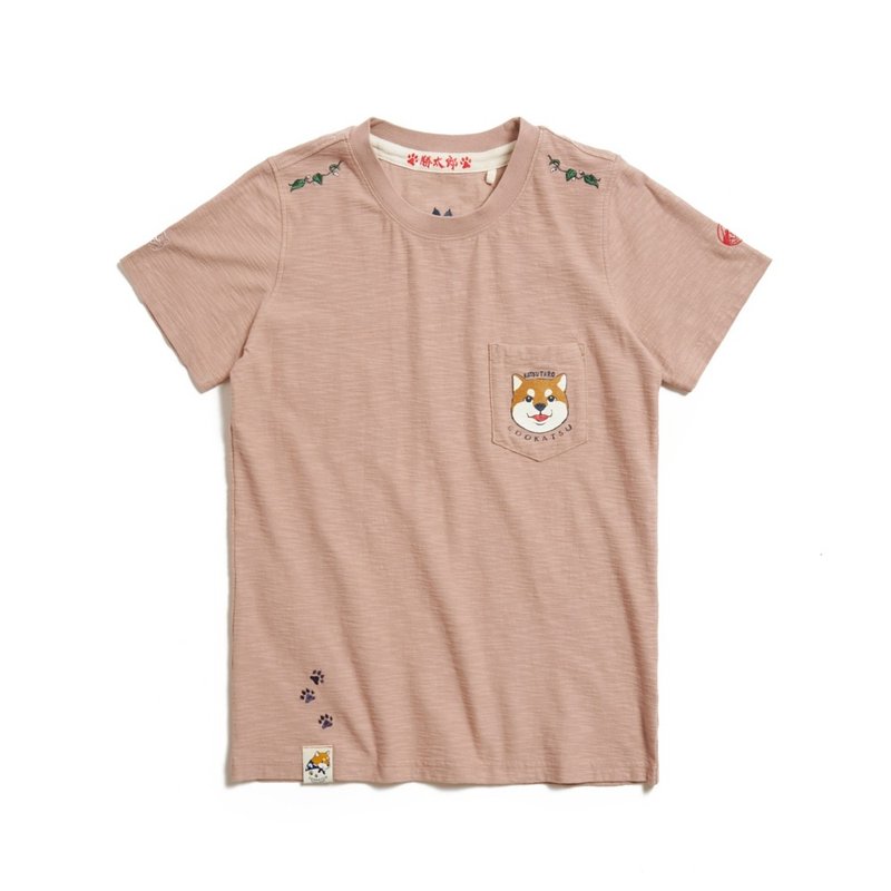 Edo Katsu Japanese style Katsutaro series Katsutaro smiling face short-sleeved T-shirt - women's (gray Khaki) #Top - เสื้อยืดผู้หญิง - ผ้าฝ้าย/ผ้าลินิน สีกากี