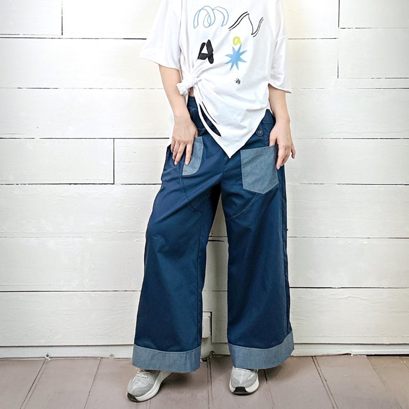 藍 - 口袋褲腳拼接寬褲 #T2253 - 女長褲 - 棉．麻 藍色