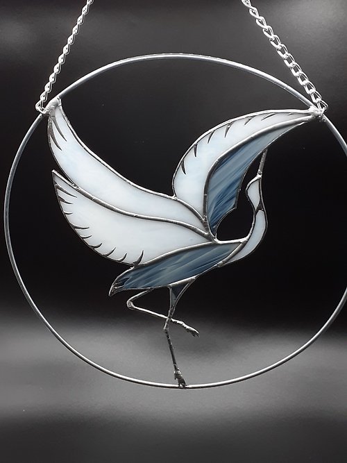 InariGlassStudio 白鷺彩繪玻璃捕夢網鶴鳥飾品蒼鷺捕日者