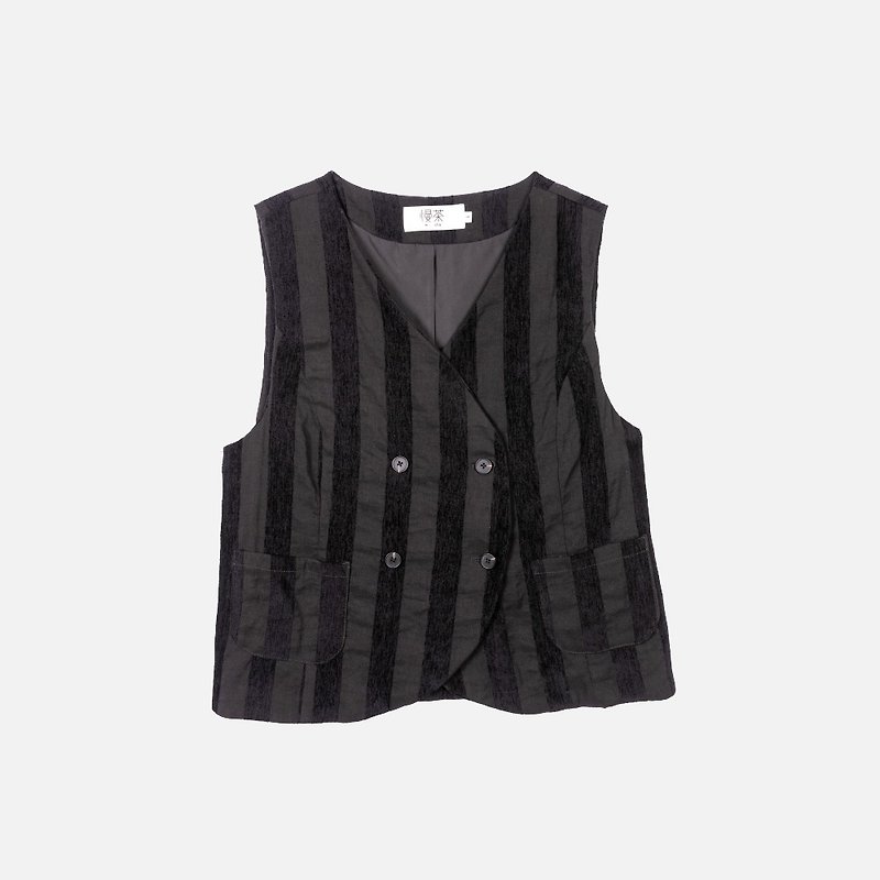 #619 Black vintage ramie double-breasted striped waistcoat - เสื้อผู้หญิง - ผ้าฝ้าย/ผ้าลินิน สีดำ