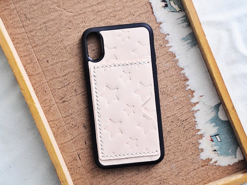 Densely paved star card phone case leather DIY material bag iPhone15 Plus Pro Max XS - เคส/ซองมือถือ - หนังแท้ สีกากี