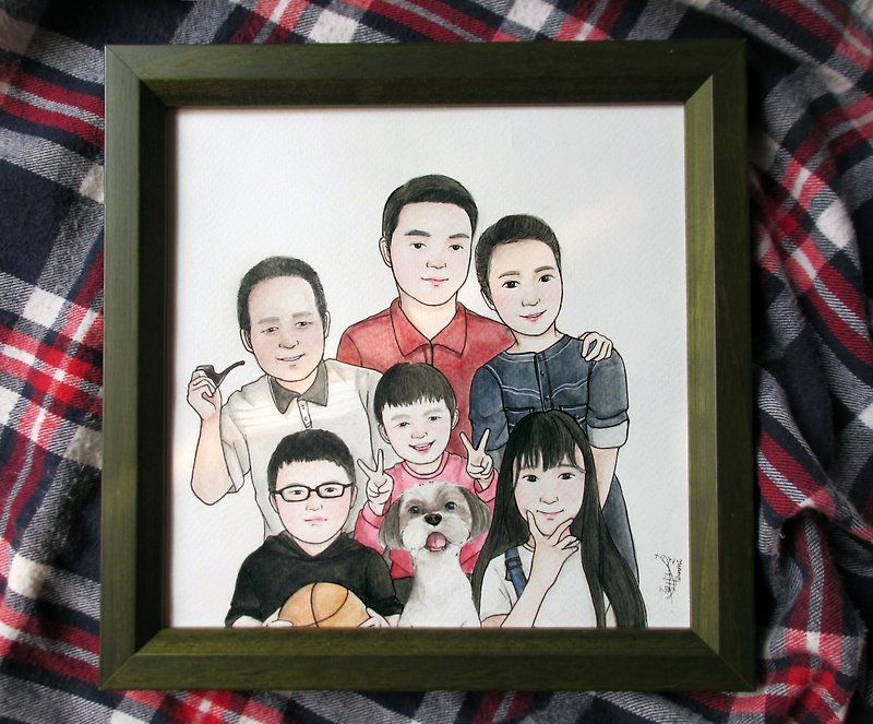 DUNMI and other rice | Hand-painted illustration - family and fur children (small square with frame) - ภาพวาดบุคคล - กระดาษ 
