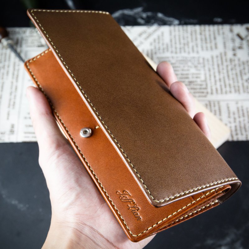 [Customized gift] [Business long clip with change bit] Customized engraving of coffee and Italian vegetable tanned leather - Wallets - Genuine Leather Multicolor