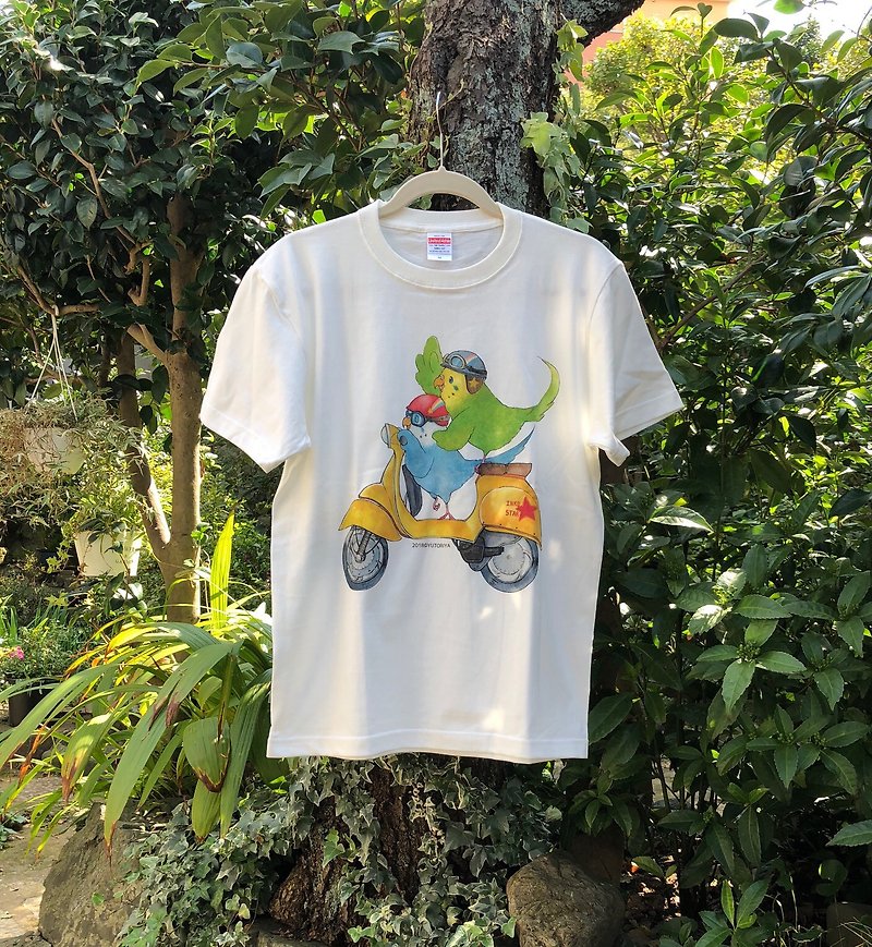 黄バイク×セキセイインコのTシャツ - T 恤 - 棉．麻 