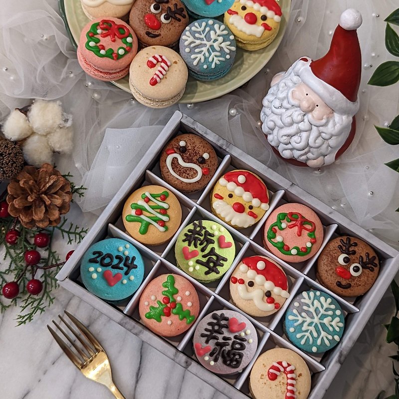 新鮮食材 蛋糕/甜點 - 【聖誕跨年】感恩聖誕3D立體手工彩繪12入法式馬卡龍緞帶禮盒
