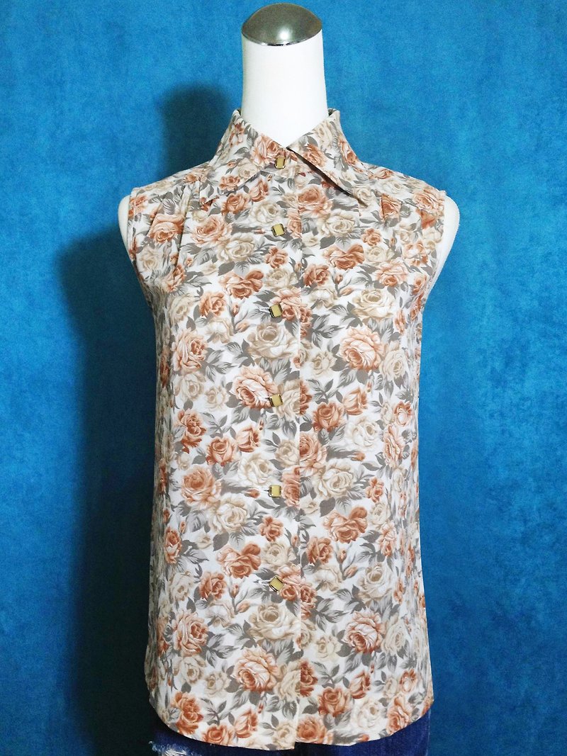 Ping-pong vintage [vintage blouse / Classical roses vintage sleeveless shirt] abroad back VINTAGE - เสื้อเชิ้ตผู้หญิง - เส้นใยสังเคราะห์ หลากหลายสี