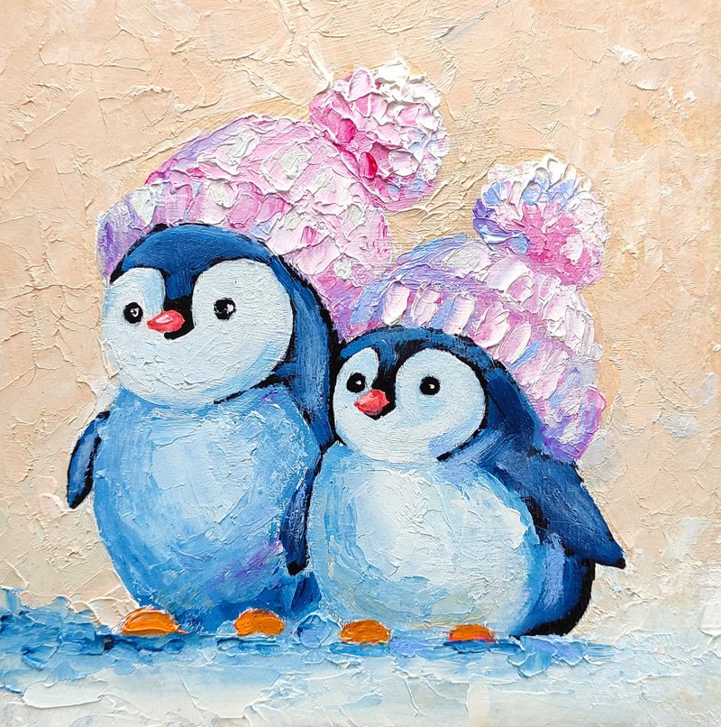 Couple Cute Penguins Painting Original Bird Wall Art Animal Small Artwork, 手工油畫 - โปสเตอร์ - วัสดุอื่นๆ หลากหลายสี