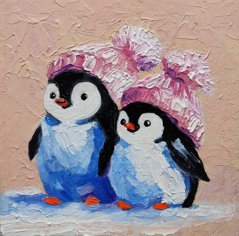 Couple Cute Penguins Painting Original Bird Wall Art Animal Small Artwork, 手工油畫 - 海報/掛畫/掛布 - 其他材質 多色
