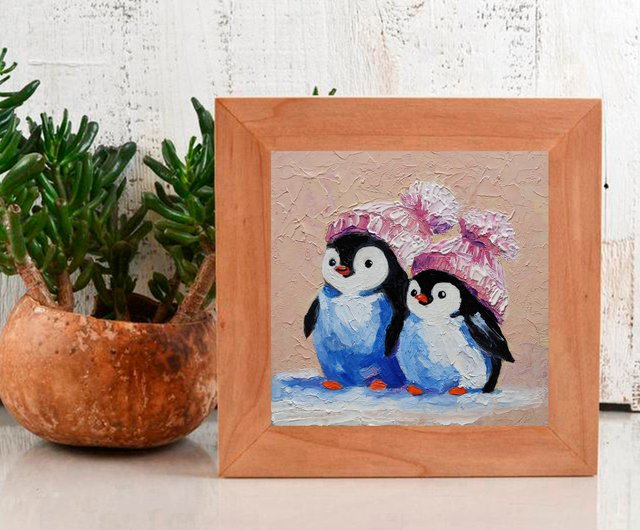 カップルかわいいペンギンの絵画オリジナルの鳥の壁アート動物の