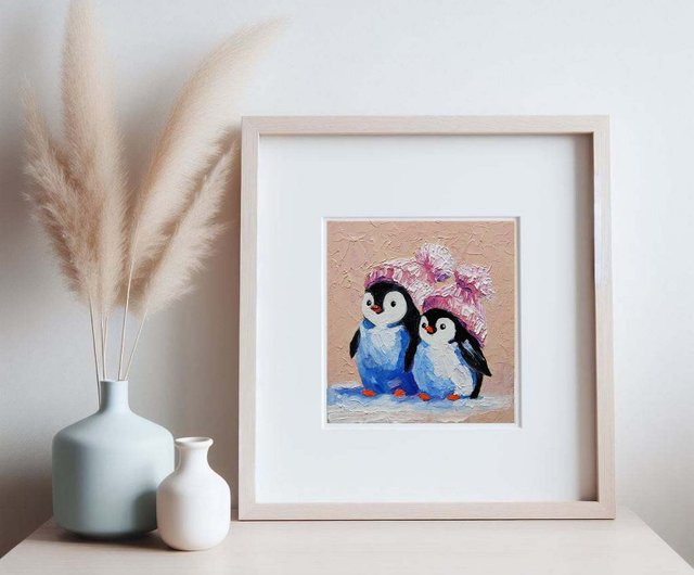 カップルかわいいペンギンの絵画オリジナルの鳥の壁アート動物の