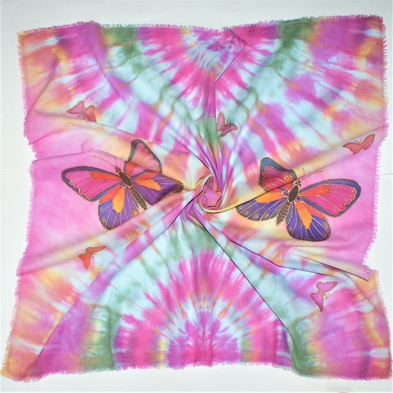 Square cotton scarf Cotton scarf batik Hand painted scarf with butterflies - Scarves - Cotton & Hemp Multicolor
