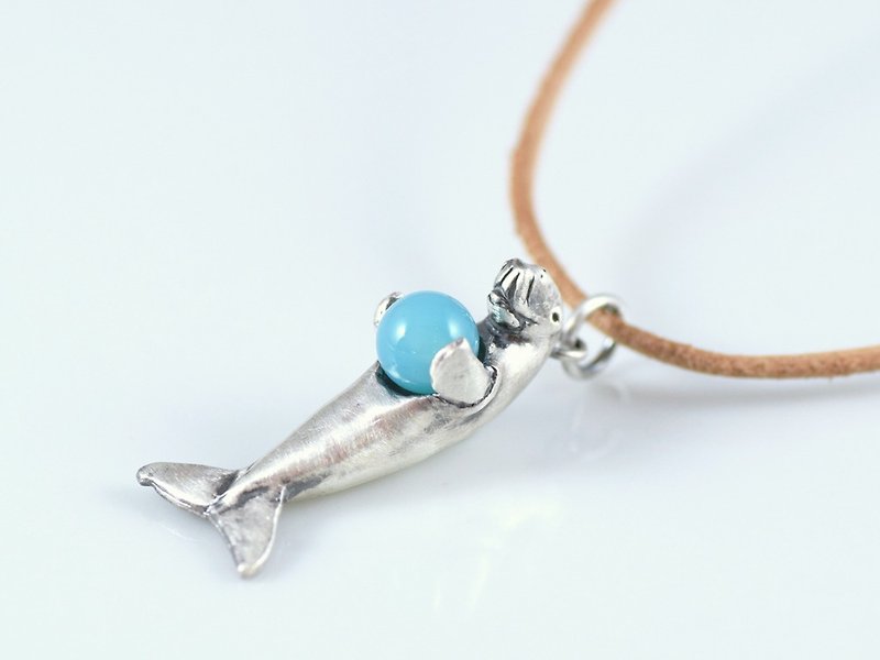 Dugong ball pendant Sea blue chalcedony with leather strap necklace - สร้อยคอ - เครื่องประดับพลอย สีเงิน