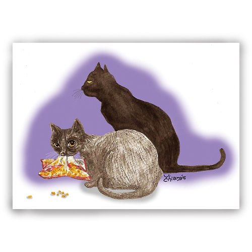 DuDo Shop 土豆屋 手繪插畫萬用卡/卡片/明信片/插畫卡--貓 黑貓 貓咪 偷食貓 神秘