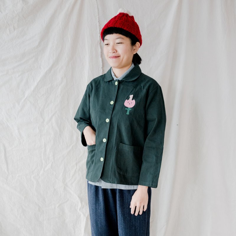 Thumbelina/Comfortable shirt jacket/Dark green twill - Women's Shirts - Cotton & Hemp 