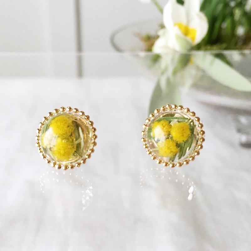 One grain earrings that confined real mimosa / earrings / 12 mm - Earrings & Clip-ons - Resin Yellow