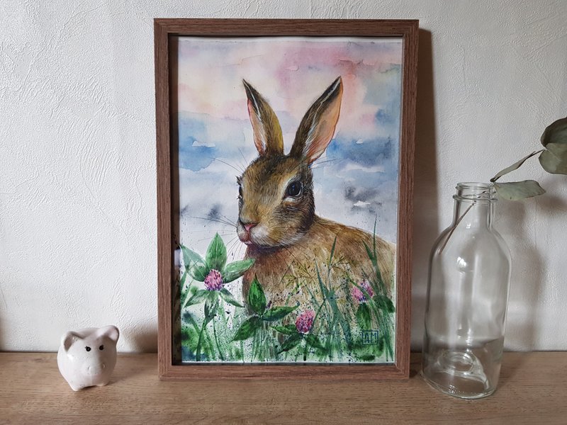 Original Watercolor artwork handmade  - Hare in clover - 壁貼/牆壁裝飾 - 其他材質 