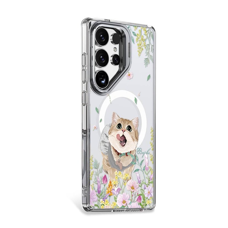 apbs Samsung S25/S24 防震雙料隱形立架磁吸手機殼-花草短毛貓 - 手機殼/手機套 - 其他材質 多色