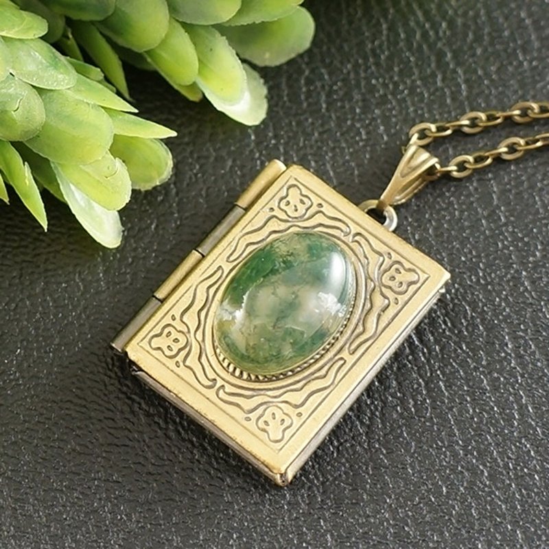 Green Moss Agate Book Locket Keepsake Pendant Necklace Memorable Gift Jewelry - 項鍊 - 半寶石 綠色