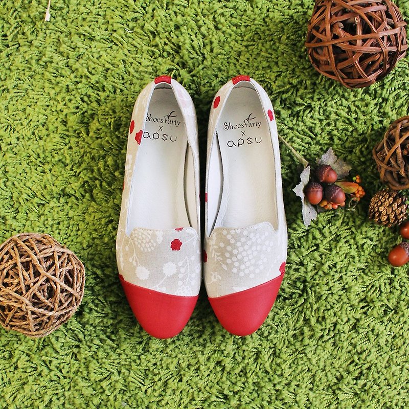 [23.5 Spot] Strolling Forest Stitching Obella / Handmade / Japanese Fabric / M2-18719F - รองเท้าลำลองผู้หญิง - ผ้าฝ้าย/ผ้าลินิน สีแดง