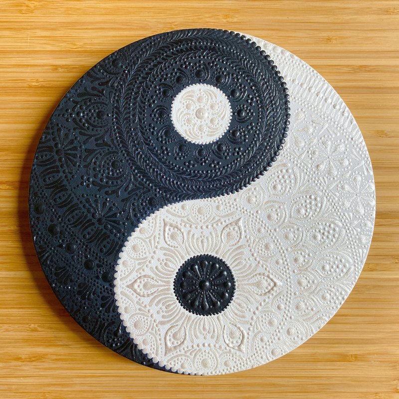 オーダーメイド　陰陽太極図　ブラック　ホワイト　ドットマンダラ　30cm - 海報/掛畫/掛布 - 棉．麻 白色