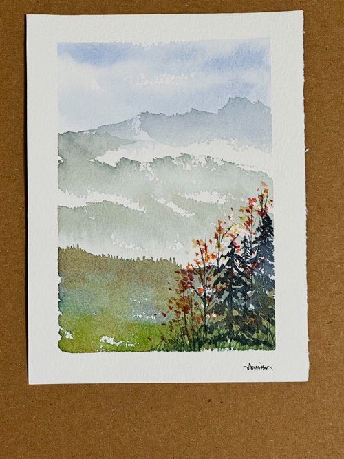 秋の山の風景】水彩画/カード/掛け絵/風景画/癒しの絵/オリジナル肉筆