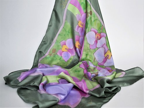 Enya Floral silk head scarf Hand painted silk scarf Orchid scarf Square hair scarves