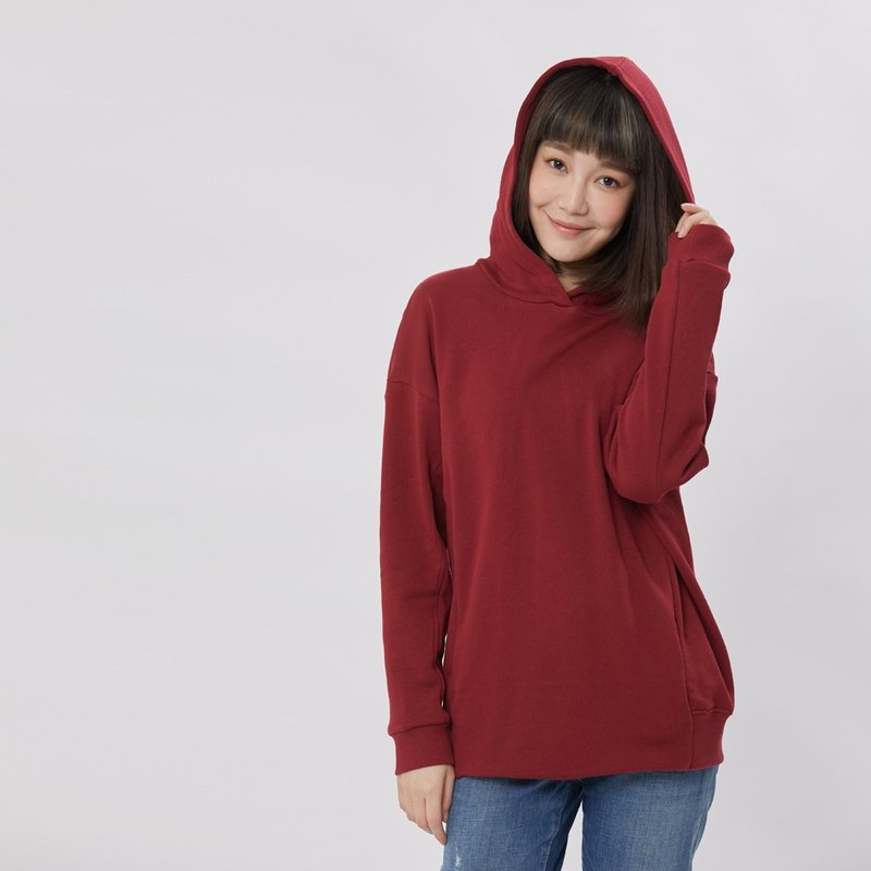 French Terry long sleeve pocket  hoody / Burgundy - เสื้อผู้หญิง - ผ้าฝ้าย/ผ้าลินิน สีแดง