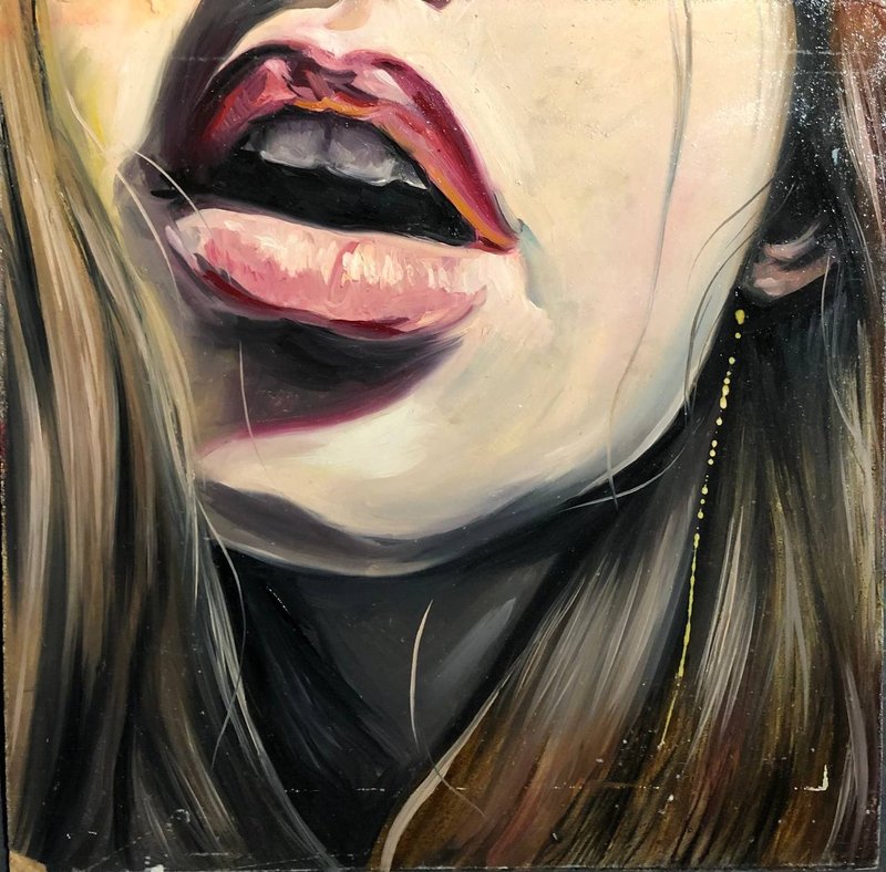 Portrait Girl's Face Original Painting Acrylic on Cardboard Lacquered 2000s - 壁貼/牆壁裝飾 - 木頭 