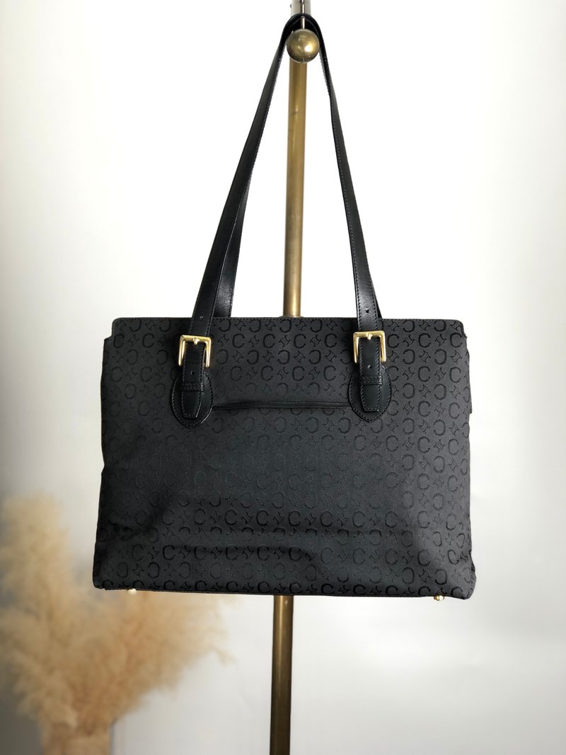 【 日本直送　名牌中古包 】CELINE セリーヌ Cマカダム トートバッグ ブラック ジャガード レザー vintage ヴィンテージ オールド 2ve37v - 手提包/手提袋 - 棉．麻 黑色
