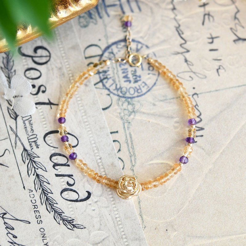 The ultimate combination: Citrine and Amethyst rose bracelet, November and February birthstones - สร้อยข้อมือ - เครื่องเพชรพลอย สีเหลือง