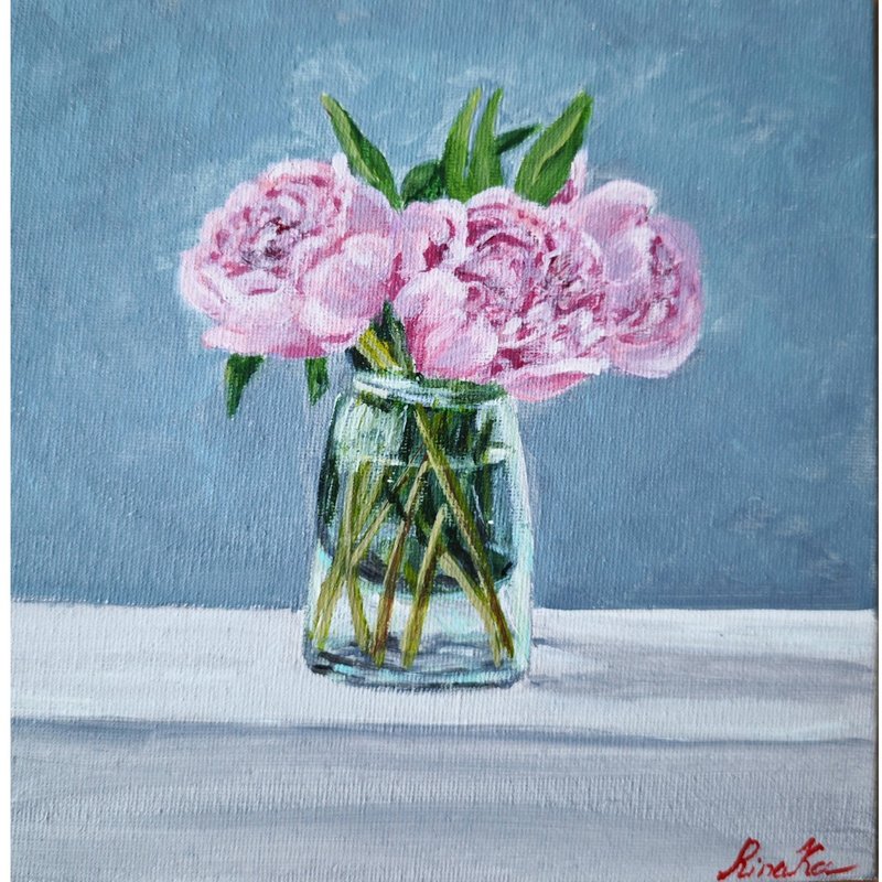 瓶插粉紅牡丹花原創藝術手繪藝術品 作者 RinaArtSK - 壁貼/牆壁裝飾 - 其他材質 多色