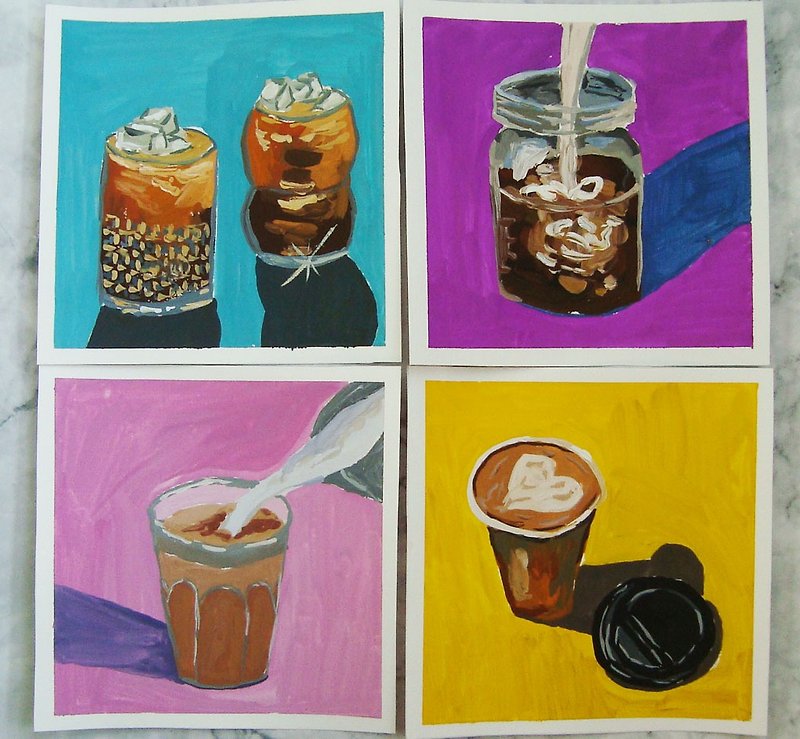 Set of 4 original gouashe paintings in pop art style Coffee - ตกแต่งผนัง - กระดาษ หลากหลายสี