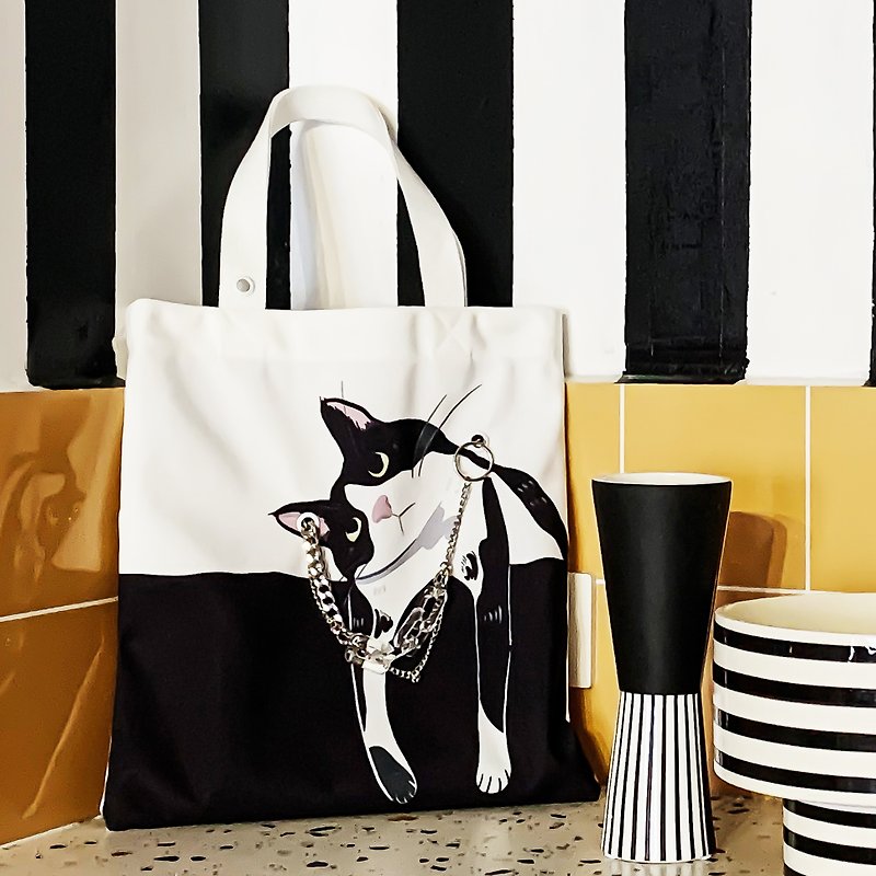 貓咪雙面插畫帆布包-黑白奶牛貓(包鍊項鍊兩用) - 手提包/手提袋 - 聚酯纖維 白色