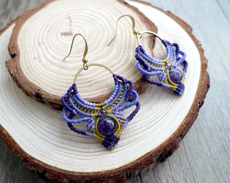 Misssheep-A31-Purple gold-ethnic style South American wax line braided brass amethyst earrings (ear hook/ear clip) - ต่างหู - วัสดุอื่นๆ สีม่วง