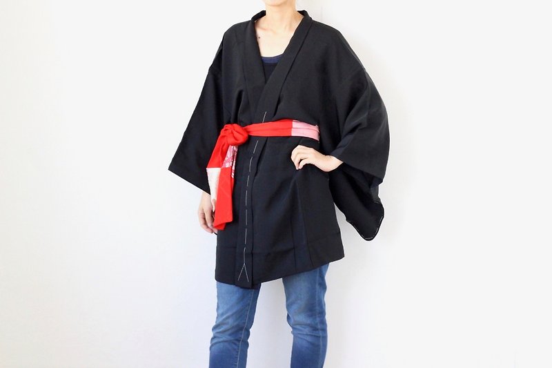 black silk Haori, Japanese kimono, black robe /4059 - Women's Casual & Functional Jackets - Silk Black