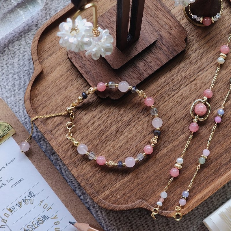 Coral-colored Sixteenth Note |  High Quality Rhodochrosites Adjustable bracelet - Bracelets - Semi-Precious Stones Pink