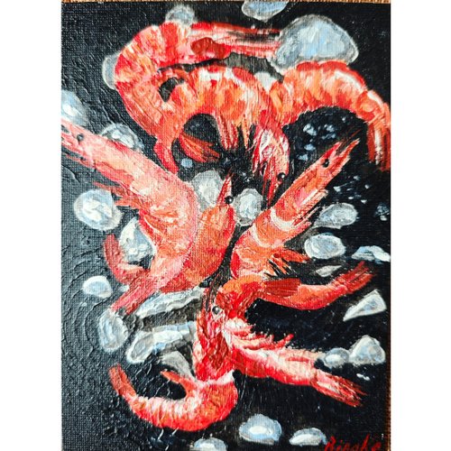 RinaArtSK 蝦海鮮畫原創裱框藝術廚房靜物畫作者 RinaArtSK