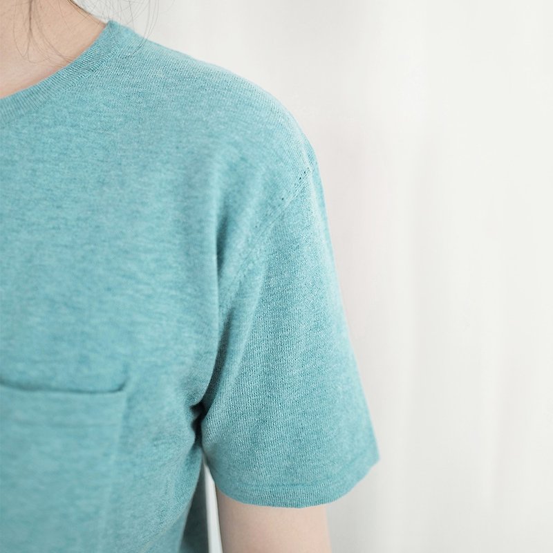 Chestnut Garment Research Institute | Independently designed Stone blue organic hemp Linen round neck short-sleeved sweater machine washable - สเวตเตอร์ผู้หญิง - ผ้าฝ้าย/ผ้าลินิน 