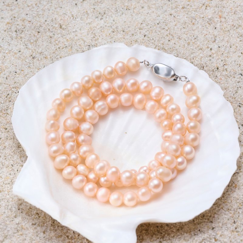 Natural Pink Freshwater Pearl Necklace 7–8mm Silver Ingot Clasp - Necklaces - Pearl Pink